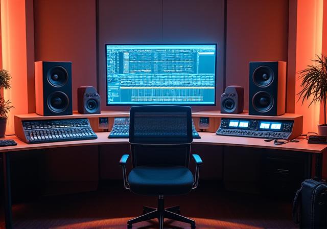 Modern recording studio setup with AI dashboard