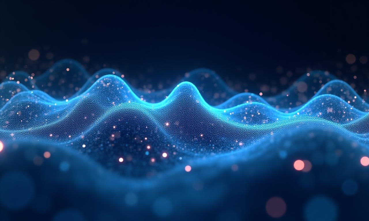 Abstract 3D waveform visual representing neural network nodes and sound patterns